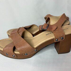 Lucky Brand Haidlee Tan Leather  Slingback Buckle Women Sandals Sz 6.5